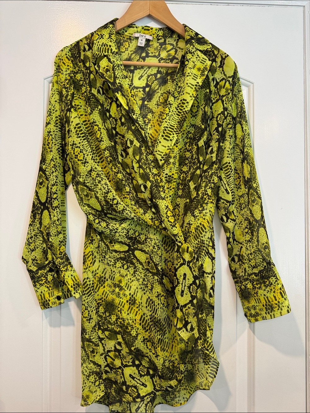 Bar III Lime Green Snakeskin print Faux Wrap Semi See-through Dress Size Medium